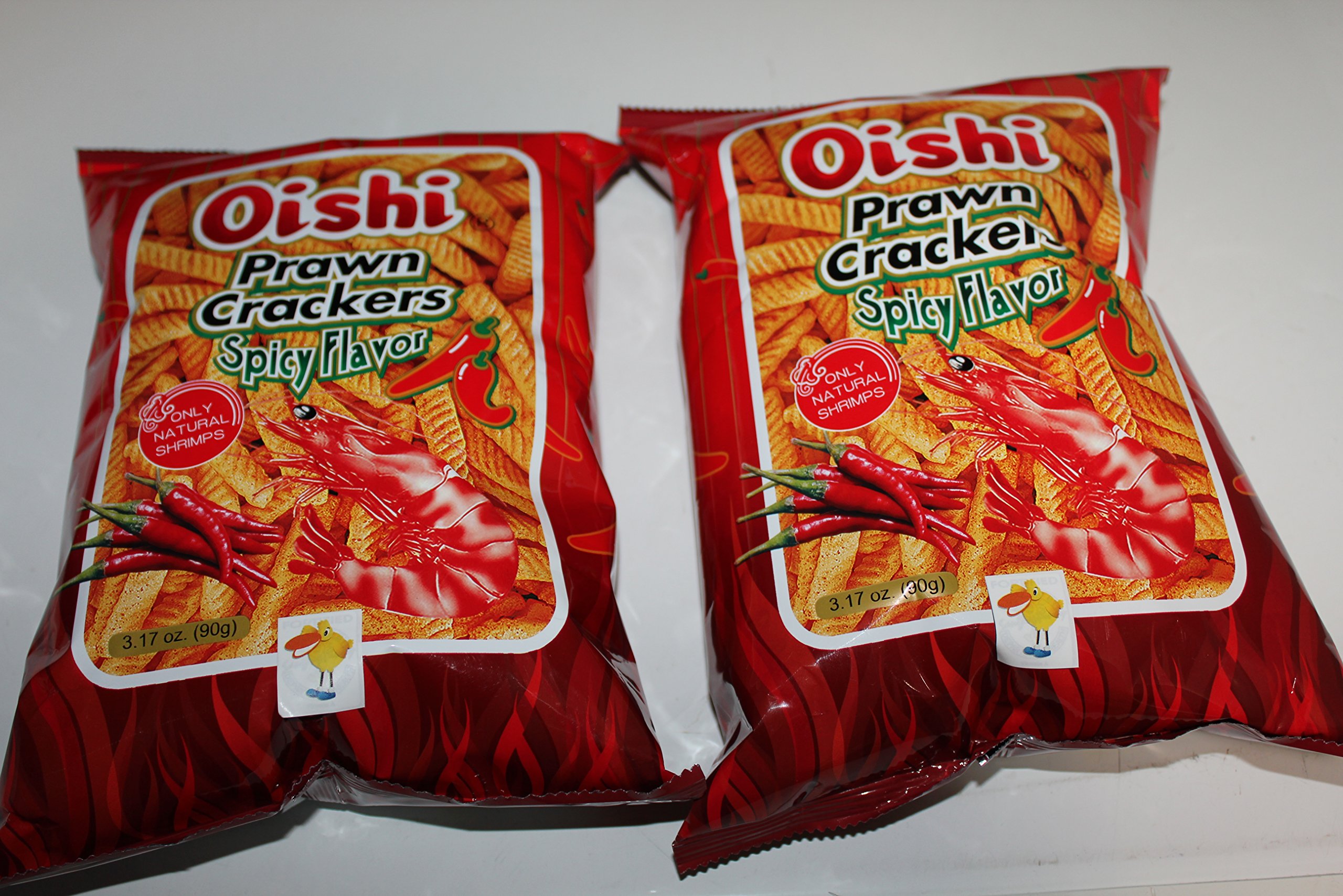 Oishi Prawn Crackers Spicy Flavor Pack of Two 3.17 Oz or 90 G a Pack