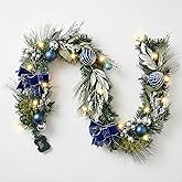 Valery Madelyn 6 Feet Pre-Lit Christmas Garland with Lights for Mantle, Lighted Outdoor Xmas Garland with Silvery Blue Ball & Bows for Home Stairs Fireplace Table Centerpiece Indoor Holiday Decor