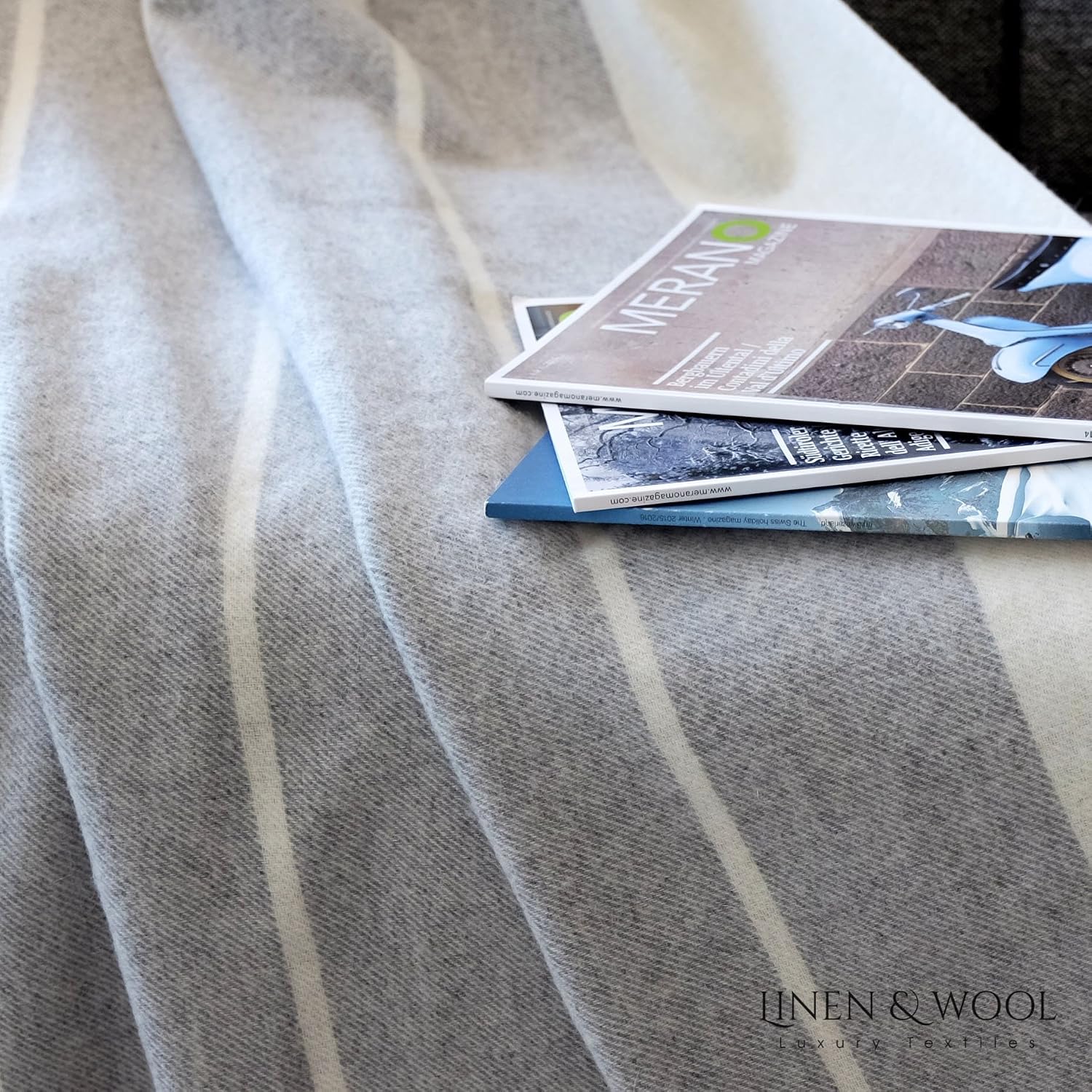 Linen & Cotton Soft Striped Throw/Blanket Anna with Fringe, 100% Fine Merino Wool - Image 3