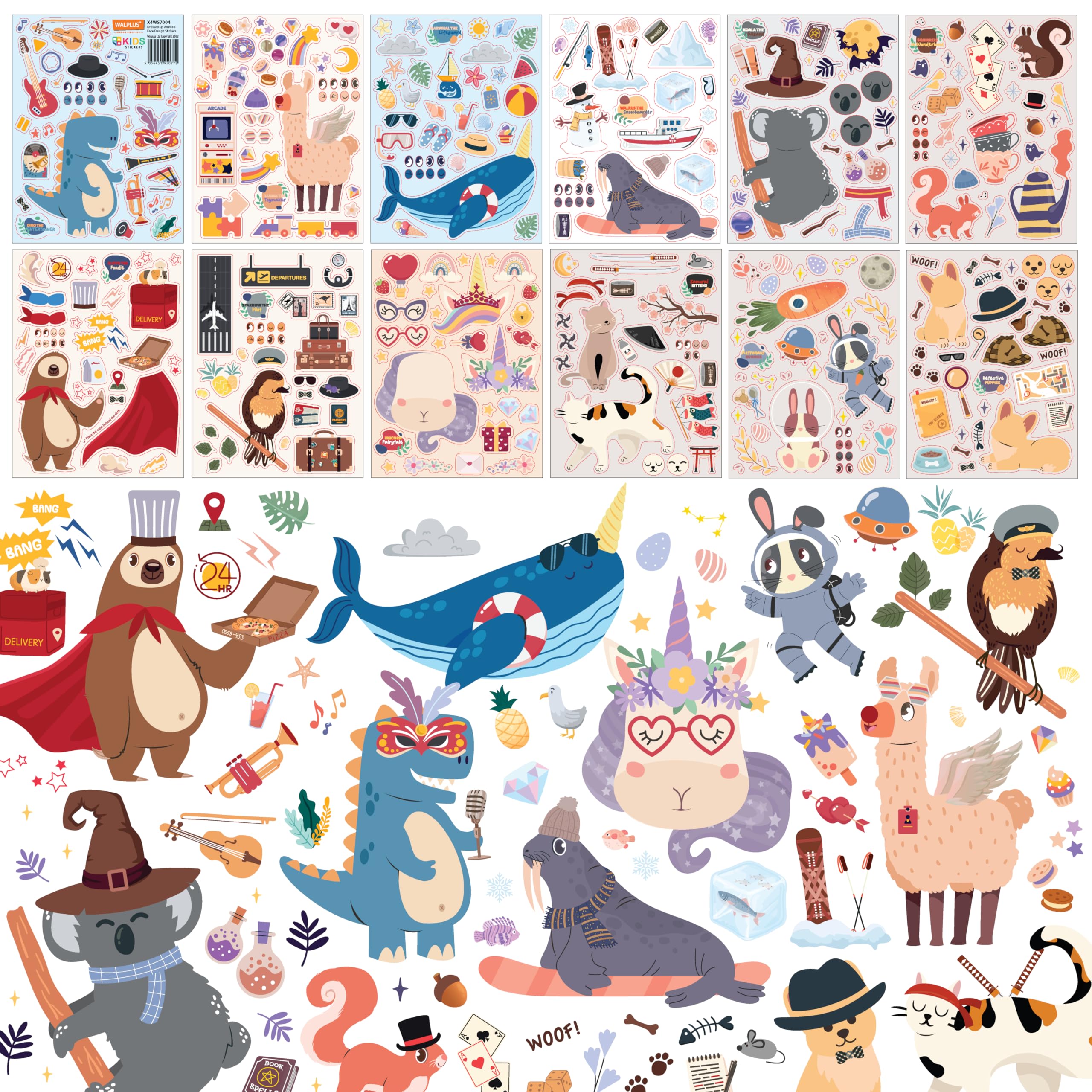 WALPLUS Make-a-Face Dressed-up Animals Sticker Craft 48 Sheets 15x20cm Party Favor DIY Kids Activity Removable Mix and Match Animal Faces