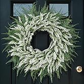 26'' Lavender and Boston Ferns Wreath for Front Door - Large Artificial Greenery Outdoor Wreath for Porch,Window,Farmhouse,Home,Hanging Decor- Spring, Summer, All Seasons (White-Green)