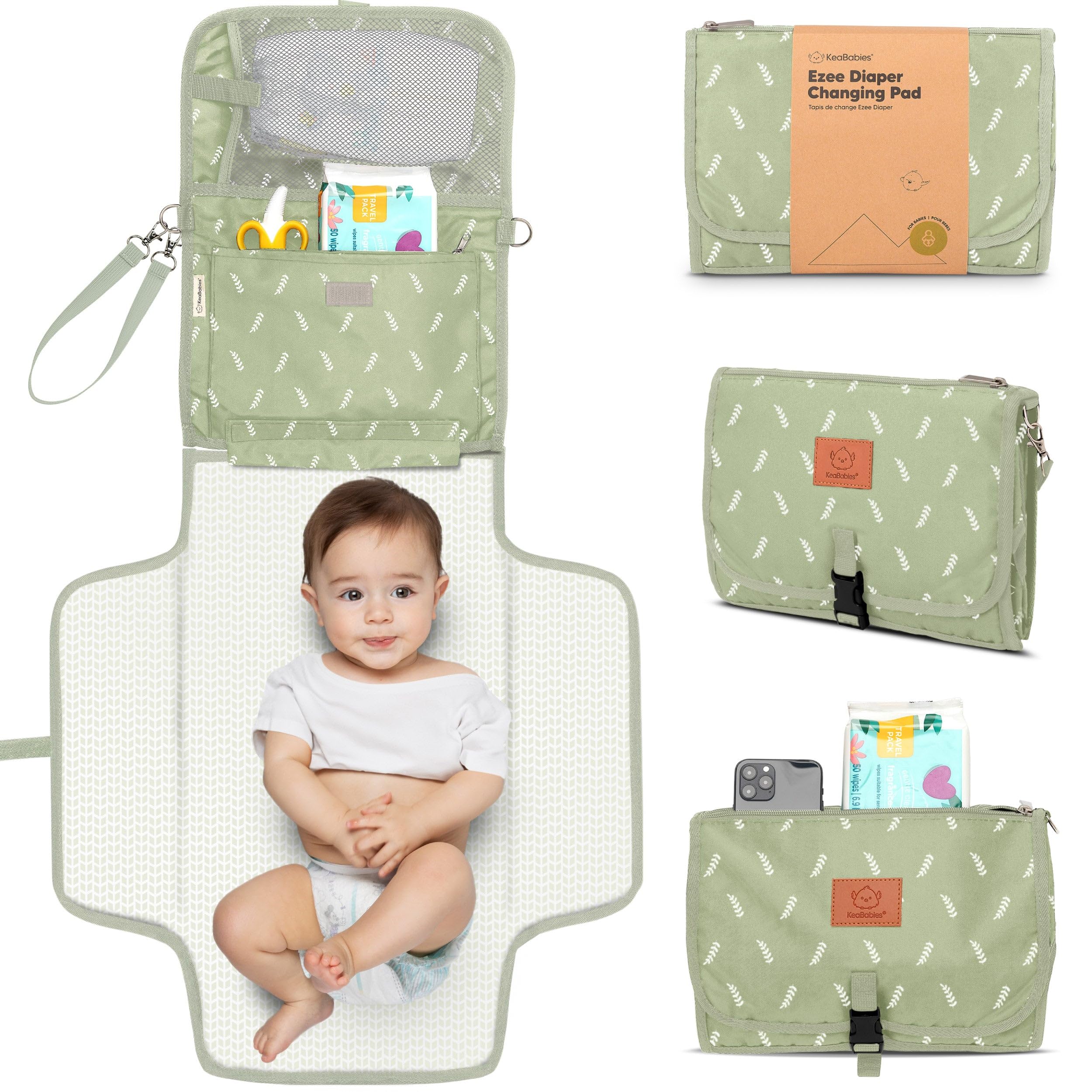 Photo 1 of KeaBabies Portable Diaper Changing Pad - Large Waterproof Baby Changing Mat, Compact Travel Diaper Clutch, Functional Pockets Fit Newborn Essentials, Wipeable & Padded Baby Changer (Acacia)