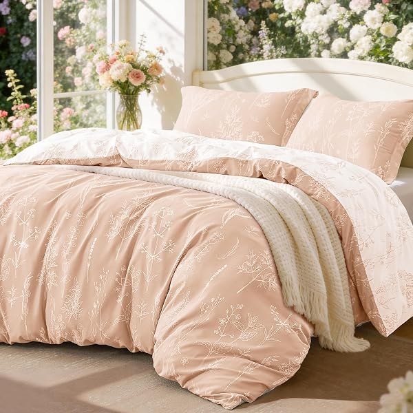 LOVE’S CABIN PINK QUEEN COMFORTER SET – QUEEN SIZE COMFORTER SET, 3 PIECES CUTE FLORAL BEDDING SETS FOR ALL SEASONS,1 SOFT REVERSIBLE BOTANICAL FLOWERS COMFORTER AND 2 PILLOW SHAMS