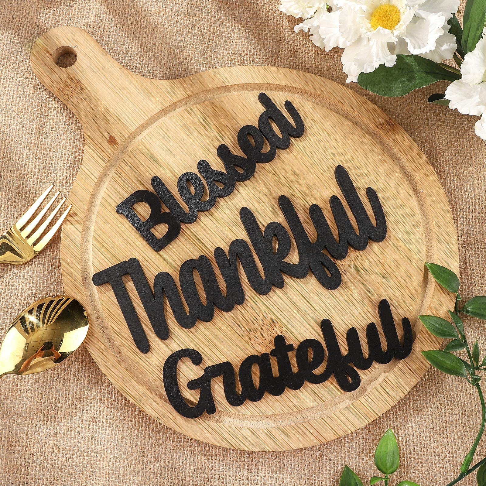 Photo 1 of 12 Pieces Thankful Grateful Blessed Wood Cutout Thankful Plate Letter Sign Decor Rustic Inspirational Letter Cutout Small Thanksgiving Tabletop Decor Sign for Thanksgiving Decor (Black Color)