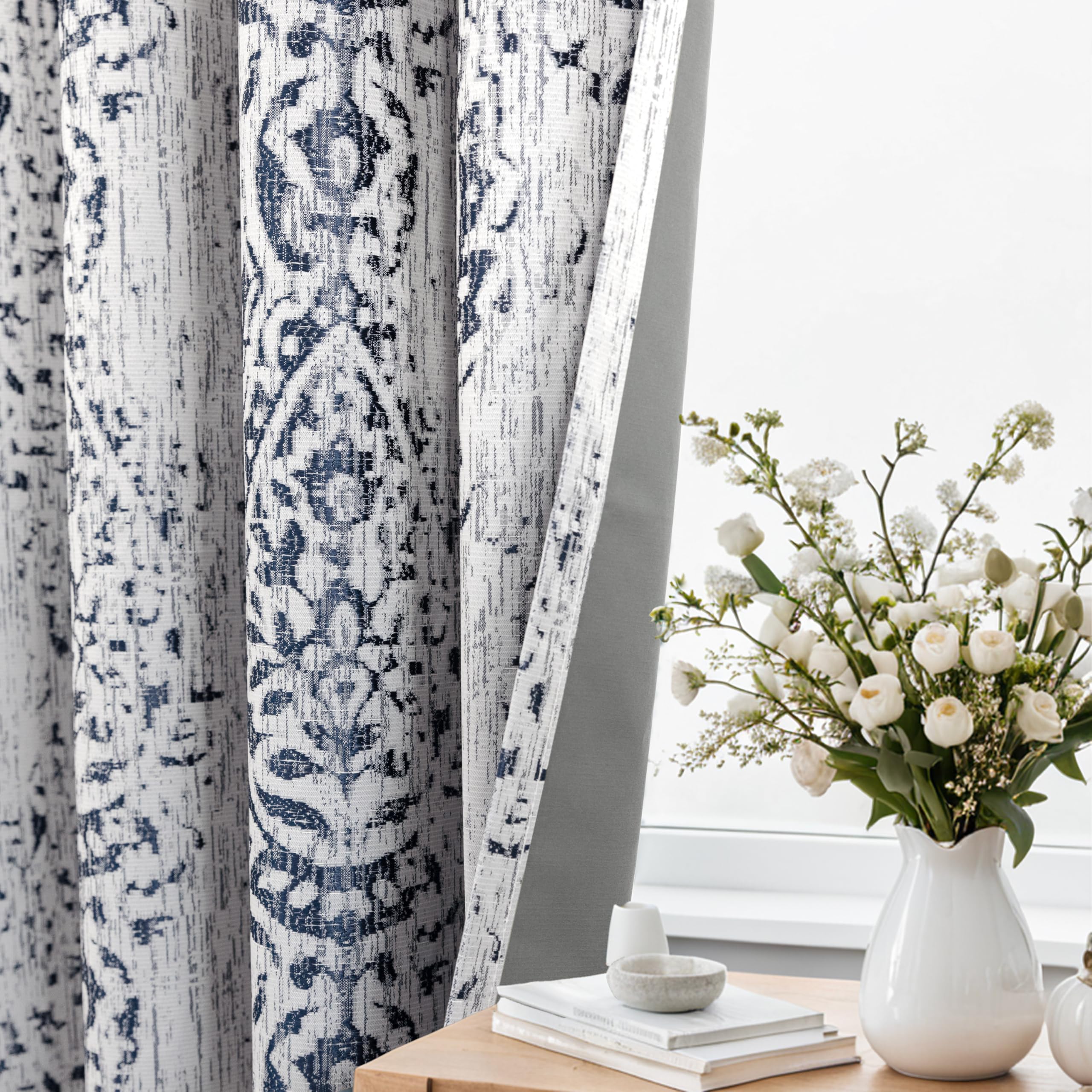 Photo 1 of KOUFALL 96 Inches Long Navy Blue Pattern Curtains for Bedroom 2 Panel Set Grommet Jacquard Damask Medallion Print 100% Blackout Darkening Window Curtain Drapes for Living Room Bedroom