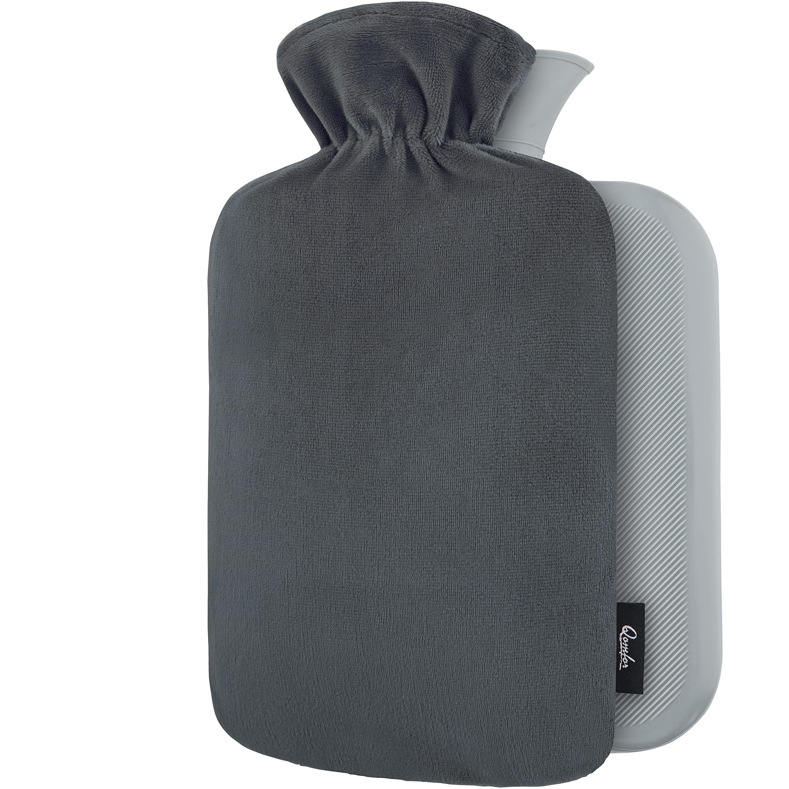 Hot Water Bottle - with Soft Premium Fleece Cover - Dark Grey, 2L - Heating Pad for Menstrual Cramps & Period Comfort - Bed Foot Warmer - Hot & Cold Compress for Back, Stomach, Neck Pain Relief