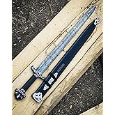 Sword 37-Inch Battle Ready Viking Battlefield Sword, 1095 Damascus Steel, Dual Sharp Edge, Full-Tang, with Scabbard