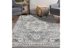 xilixili 5x7 Area Rugs, Ultra-Thin Washable Rug -Stain Resistant Non-Slip Rugs for Living Room Bedroom,Vintage Room Decor Medallion Area Rug (Grey,5'x7')