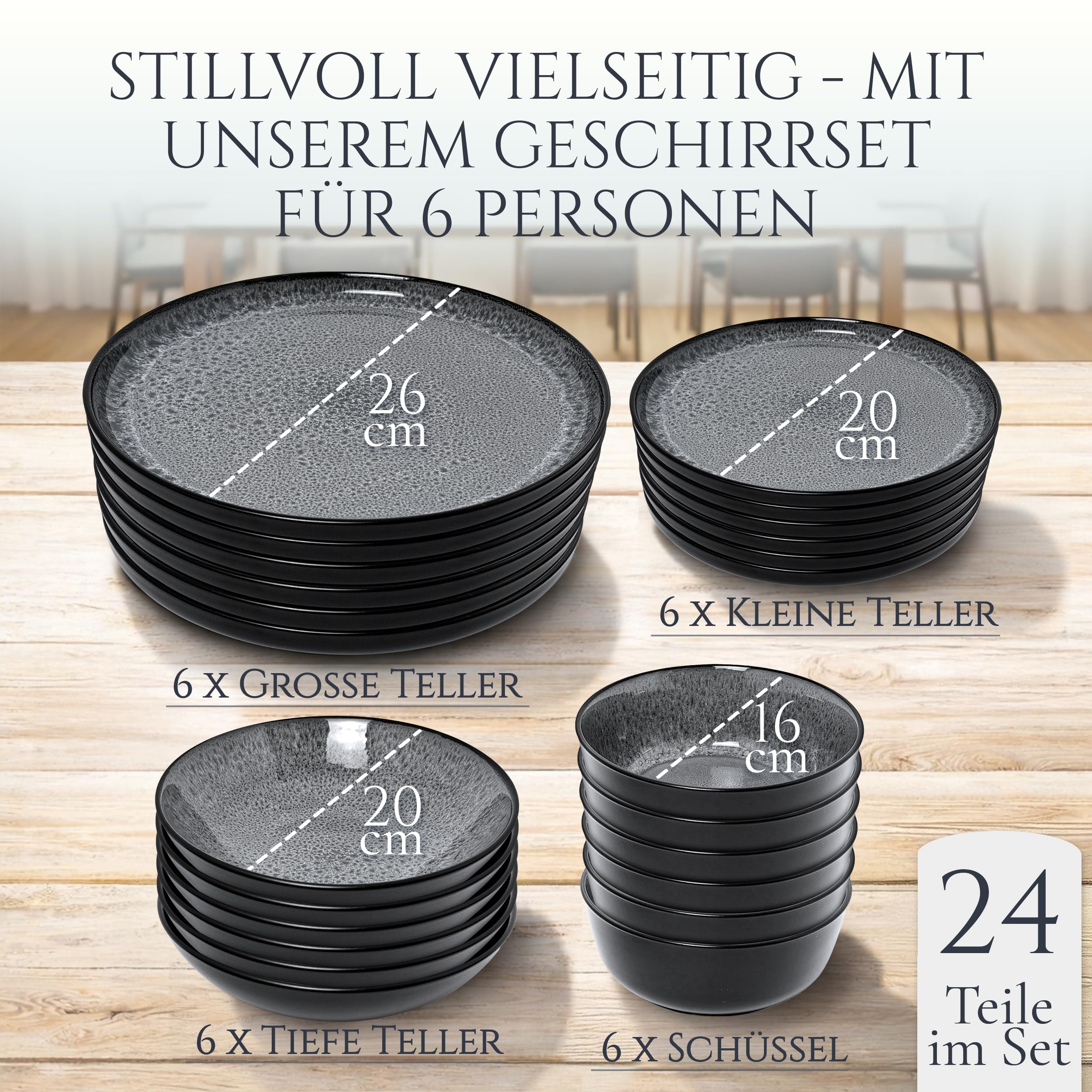 Steingut Geschirrset 6 Personen Ibiza 24 tlg. TESTSIEGER, Traumhaftes Mediterranes Steingut Geschirr Set, Schüssel- und Teller Set, Tafelservice 6 Personen, Geschirrsets Pure Living in Grau 5