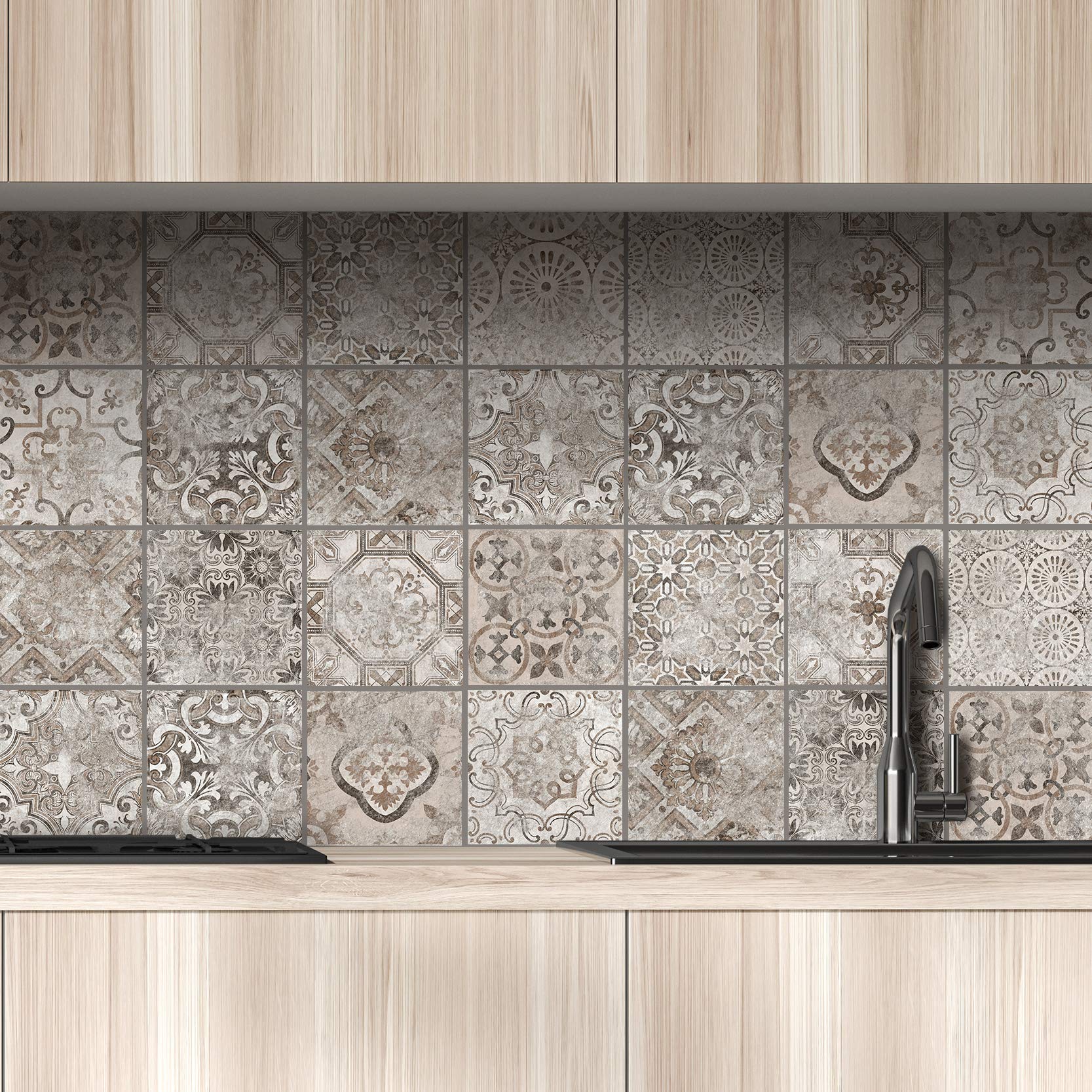 Pack of 32 Tile Stickers - Decorative Tiles Adhesive for Bathroom and Kitchen - Design Decals; Peel and Stick; Adhesive Removable Tiles for Home Decoration; Backsplash for Kitchen (T1015-S0ST)