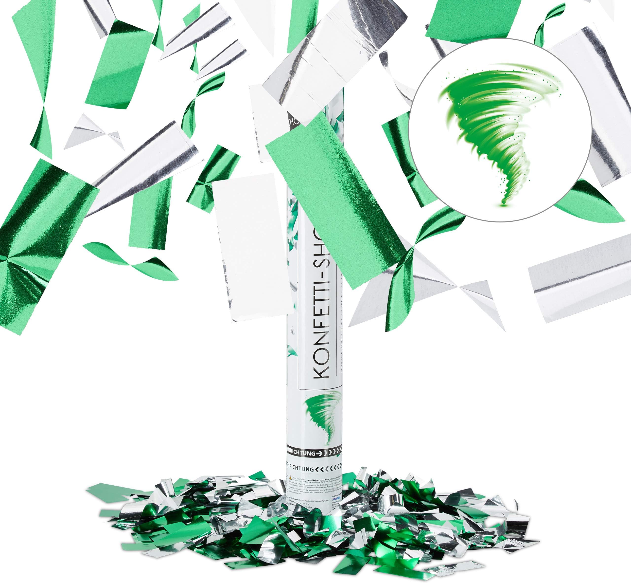 Relaxdays Party Popper, Confetti Shooter for Weddings, Engagements, Confetti Cannon 40 cm, Metallic Silver/Green