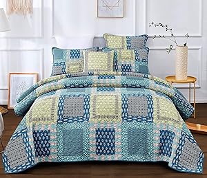 Tache Home Fashion Forest Glade Floral Patchwork Quilt Bedspread Set, Twin, Green