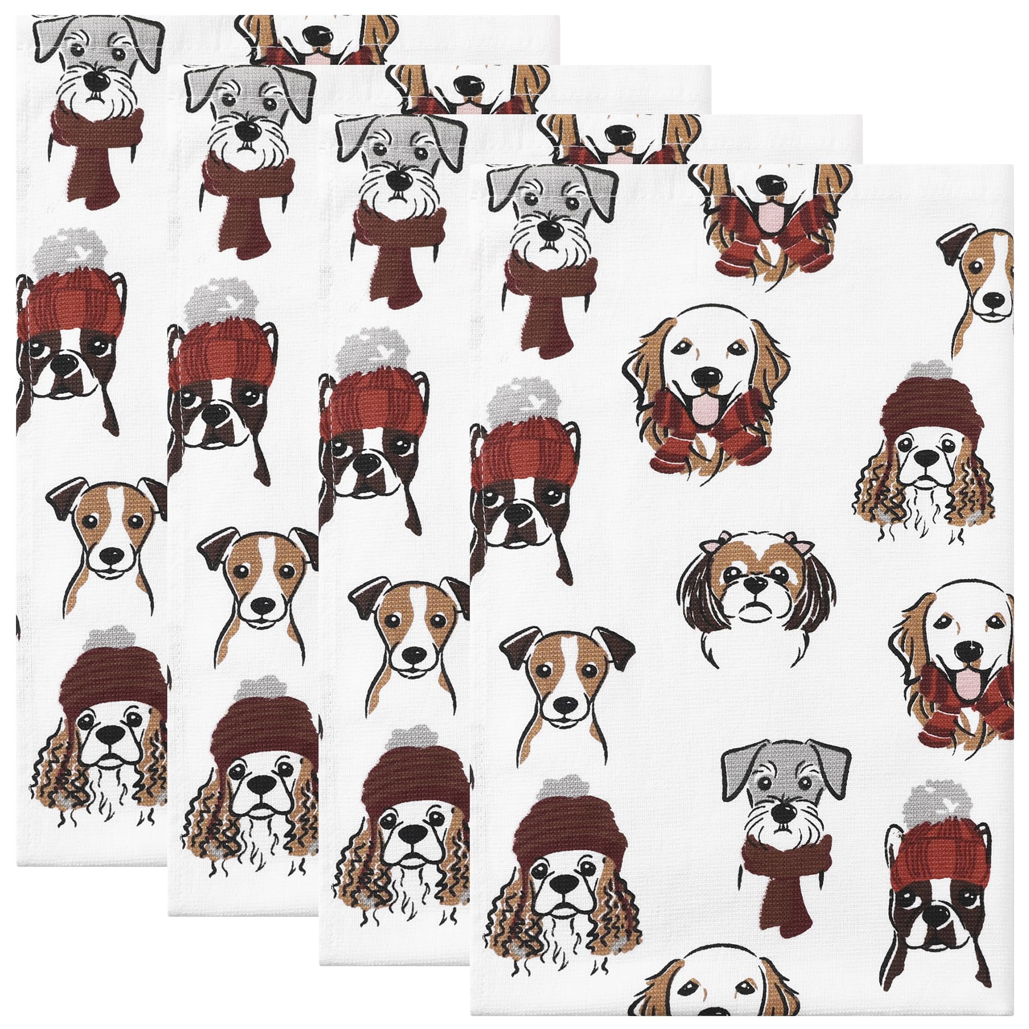 Uxcell Premium Cotton Kitchen Towels, Thick and Large, Animal and Floral Printed Design Towels, 45cm x 70cm Dogs Pack of 4