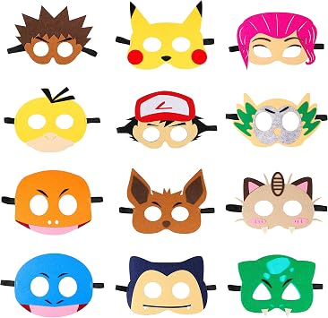 Mallmall6 12pcs Pikachu Masks Dress Up Costumes Pikachu Halloween Birthday Party Favors Anime Cartoon Trainer Pretend Play Accessories Photo Booth