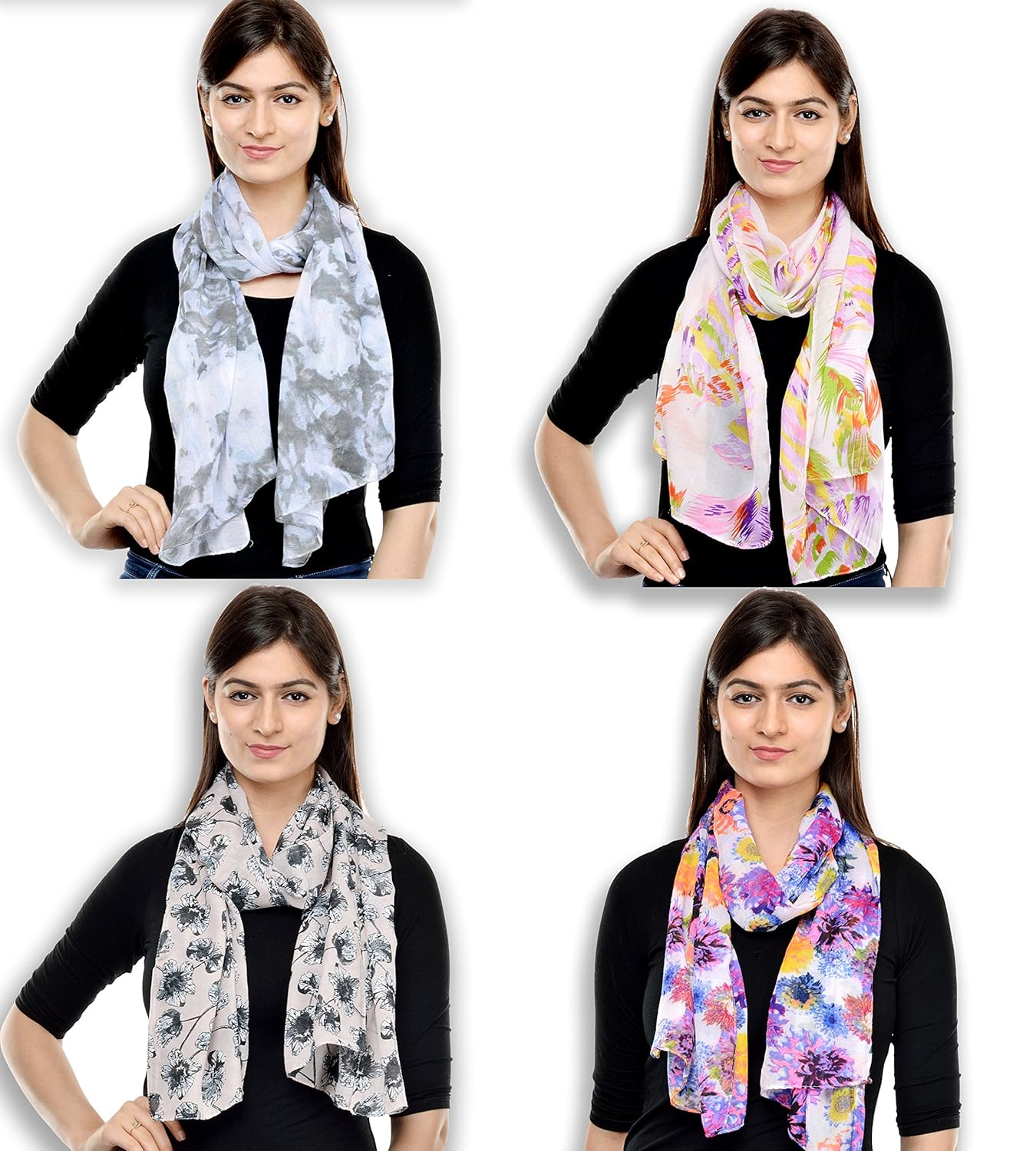 weavers villa women's poly cotton summer scarf (multicolour, medium) - combo of 4
