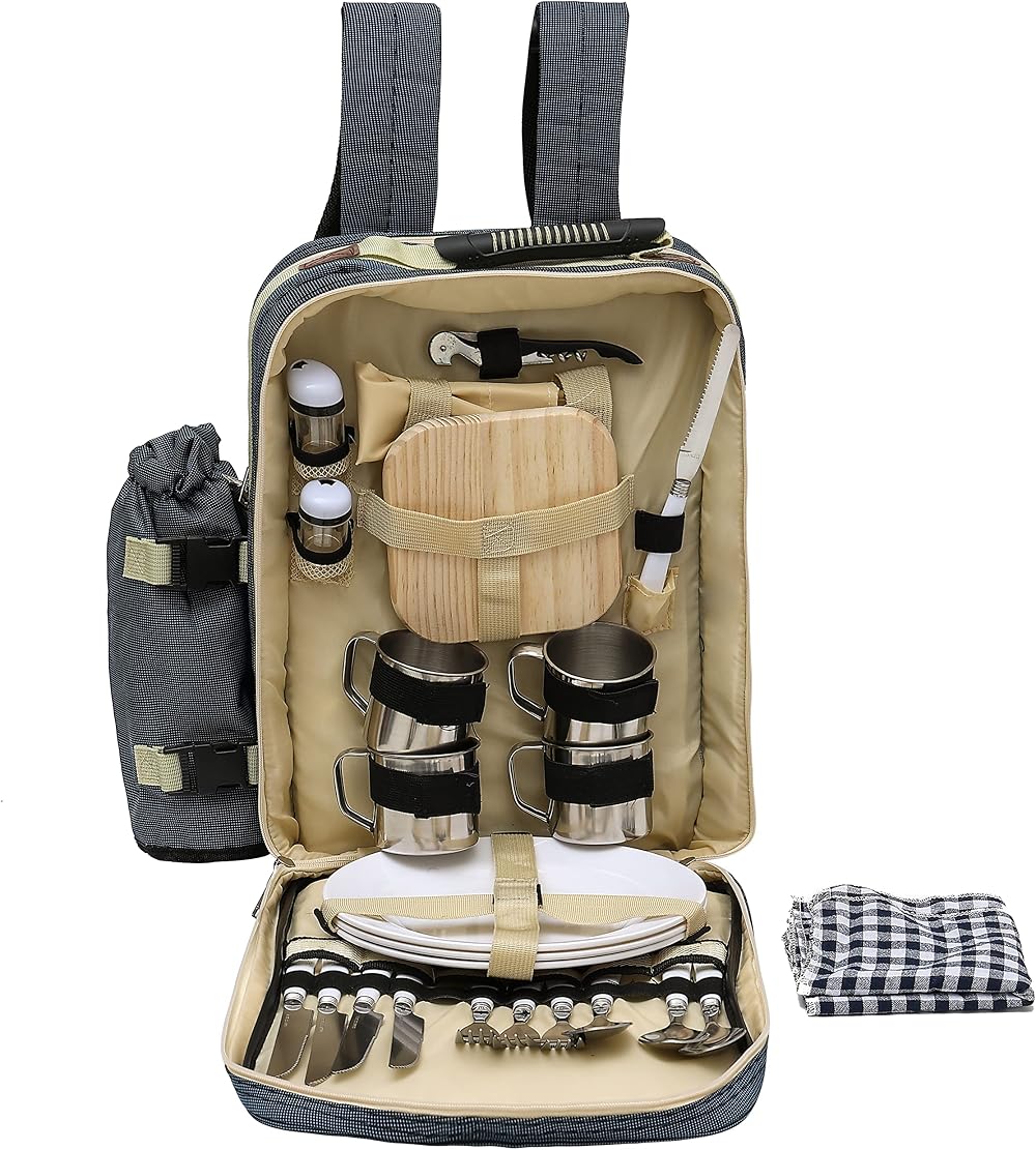 CMY 4 Person Picnic Backpack Cooler with Tableware Insulated Camp Bag