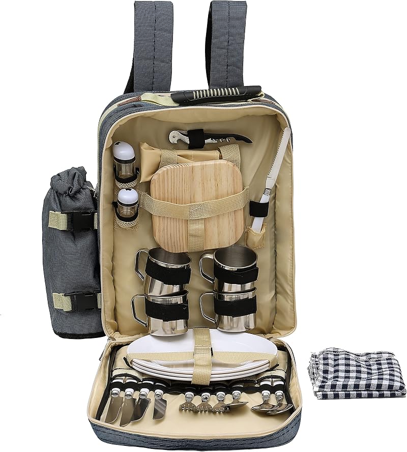CMY 4 Person Picnic Backpack Cooler with Tableware Insulated Camp Bag
