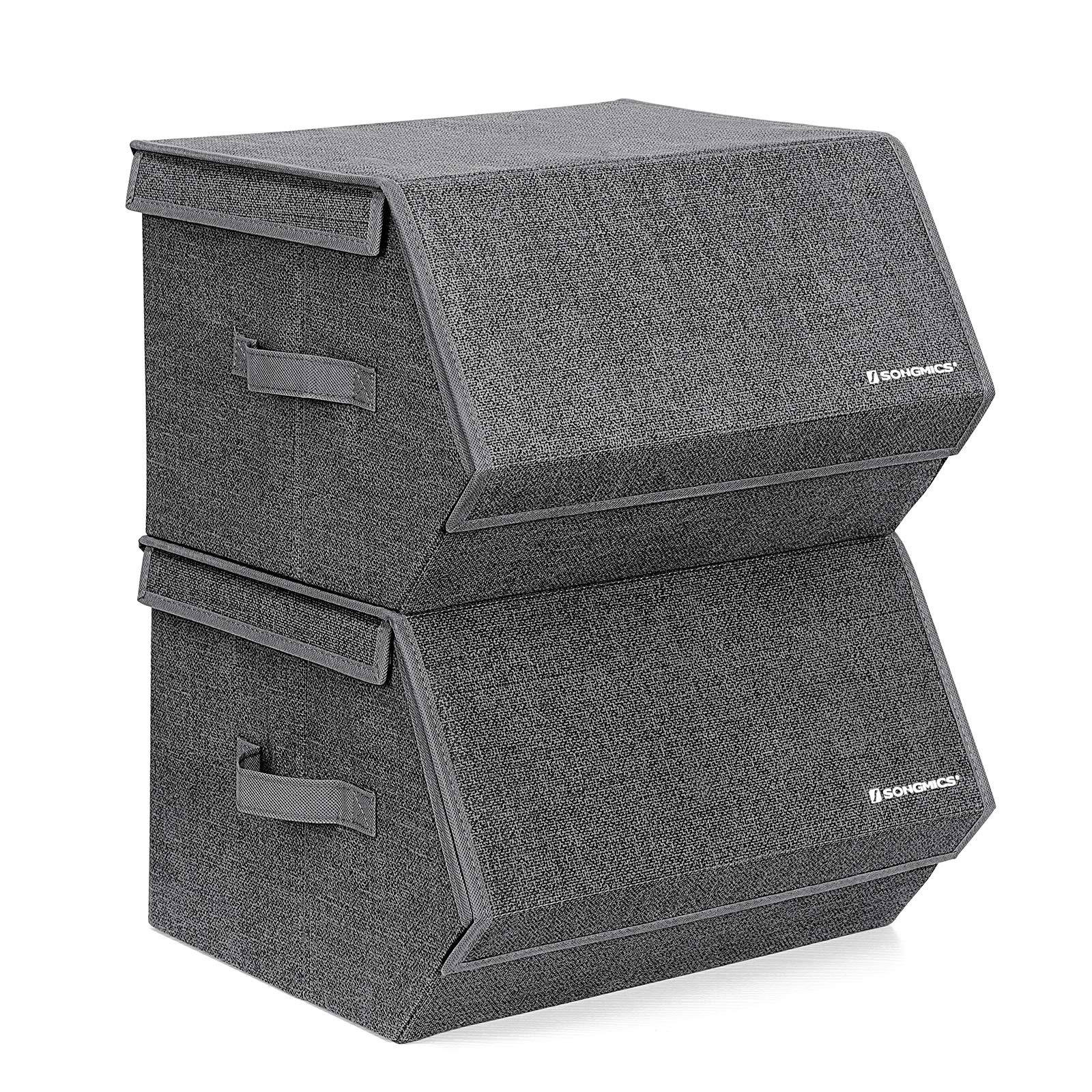 SONGMICS Set of 2 Storage Boxes with Lid, Stackable Folding Fabric Boxes, Metal Frame and Side Handles, for Accessories, Toys, Clothing, Dark Grey RYLB02G