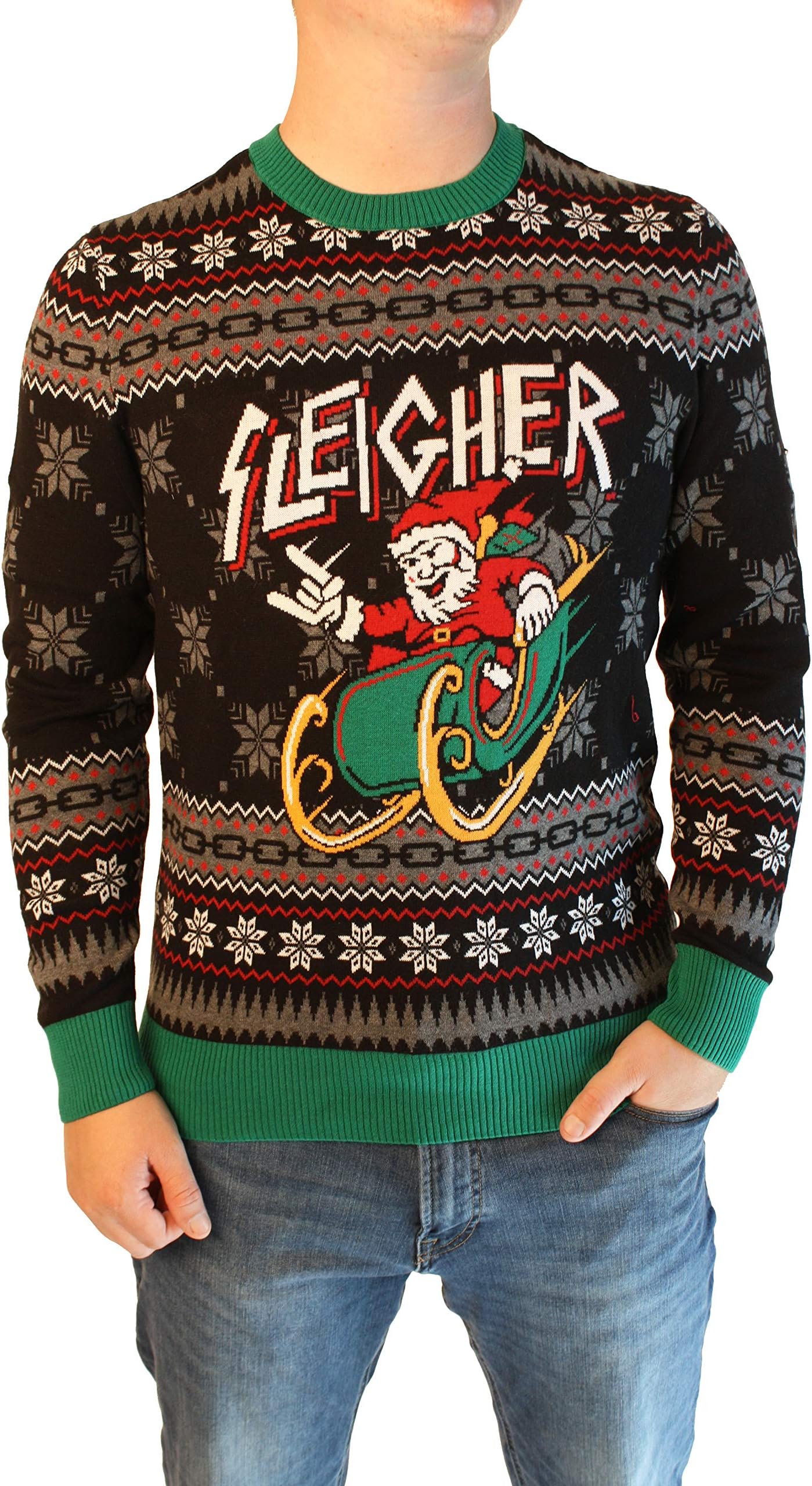 Ugly Christmas Sweater Men's Xmas Metal Sleigher Santa Sleigh Sweatshirt-3XL Black