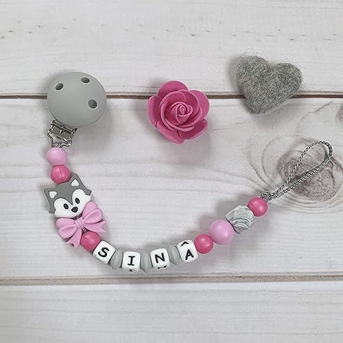 Schnullerkette Nuckelkette Mit Namen Grau Pink Rosa Aus Silikon Fuchs Amazon De Handmade
