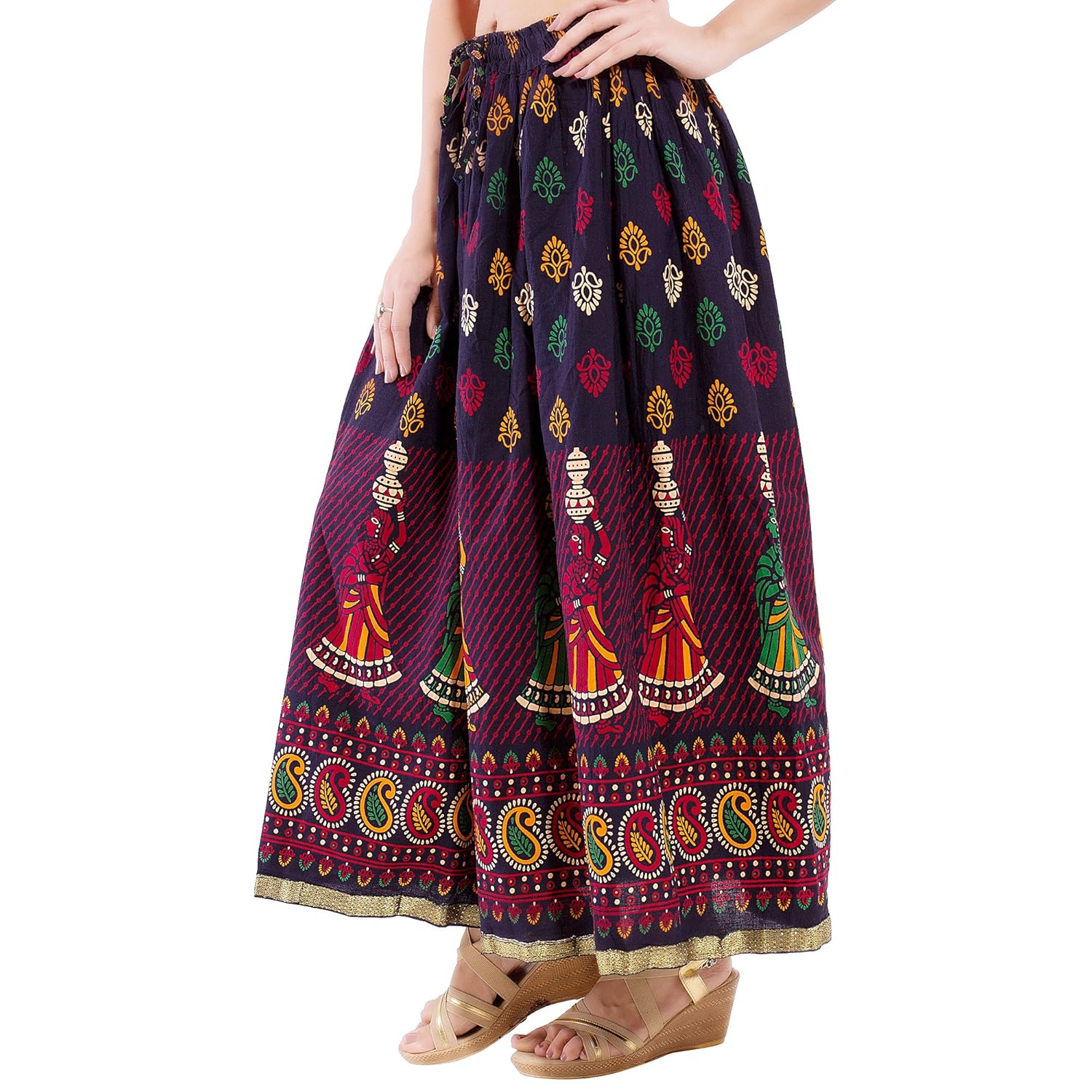 jaipuri rajasthani cotton multi colour block print straigh long skirt for women