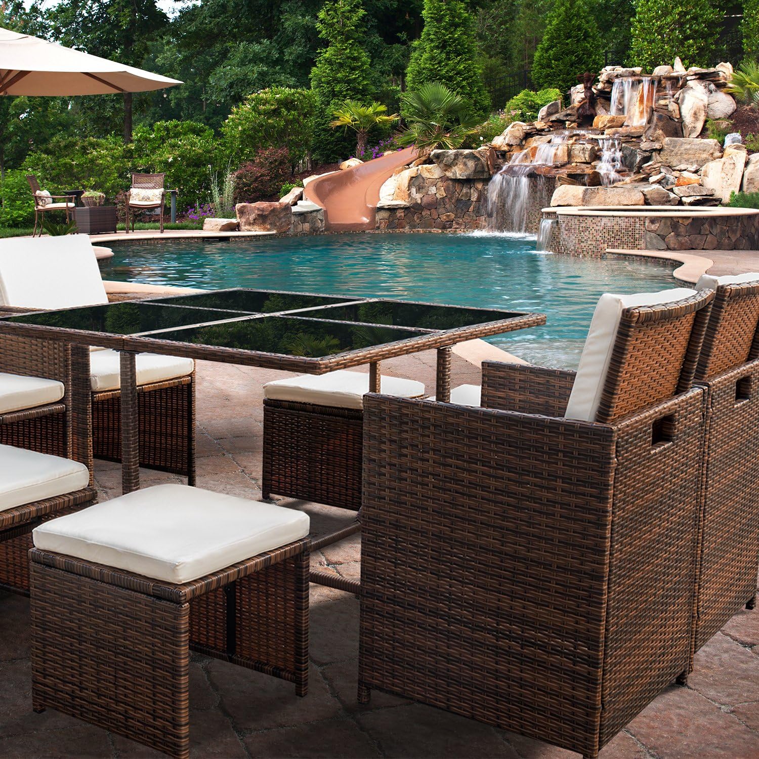 Devoko 9 Pieces Patio Dining Sets Outdoor Space Saving Rattan Chairs with Glass Table Patio Furniture Sets Cushioned Seating and Back Sectional Conversation Set (Beige): Garden & Outdoor