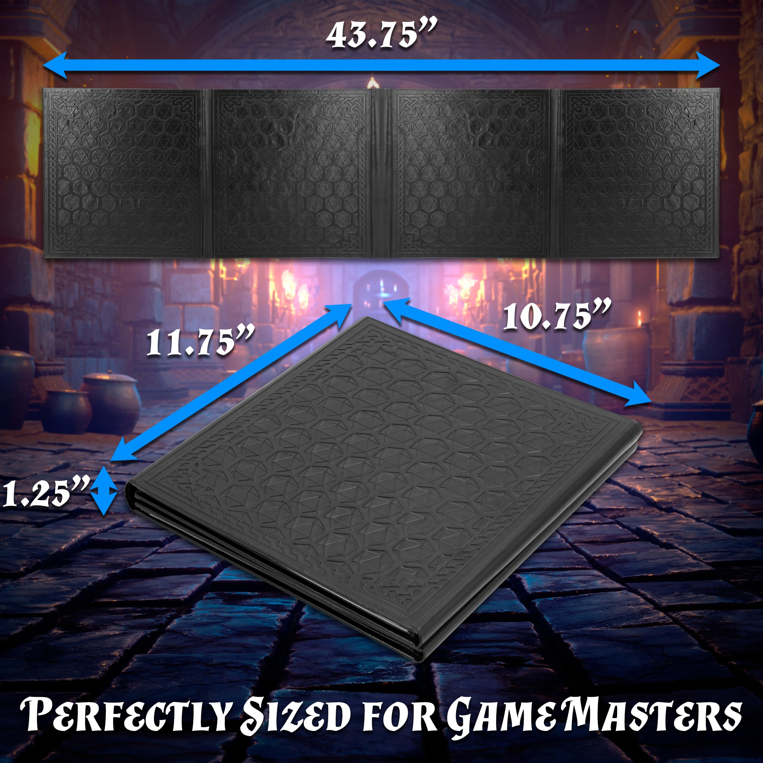 CASEMATIX DM Screen Faux Leather Embossed GM Screen - Four Panel Folding Dungeon Master Screen with Wet Erase Pockets and Compatible with Tabletop Roleplaying Games, Inserts Not Included, Black