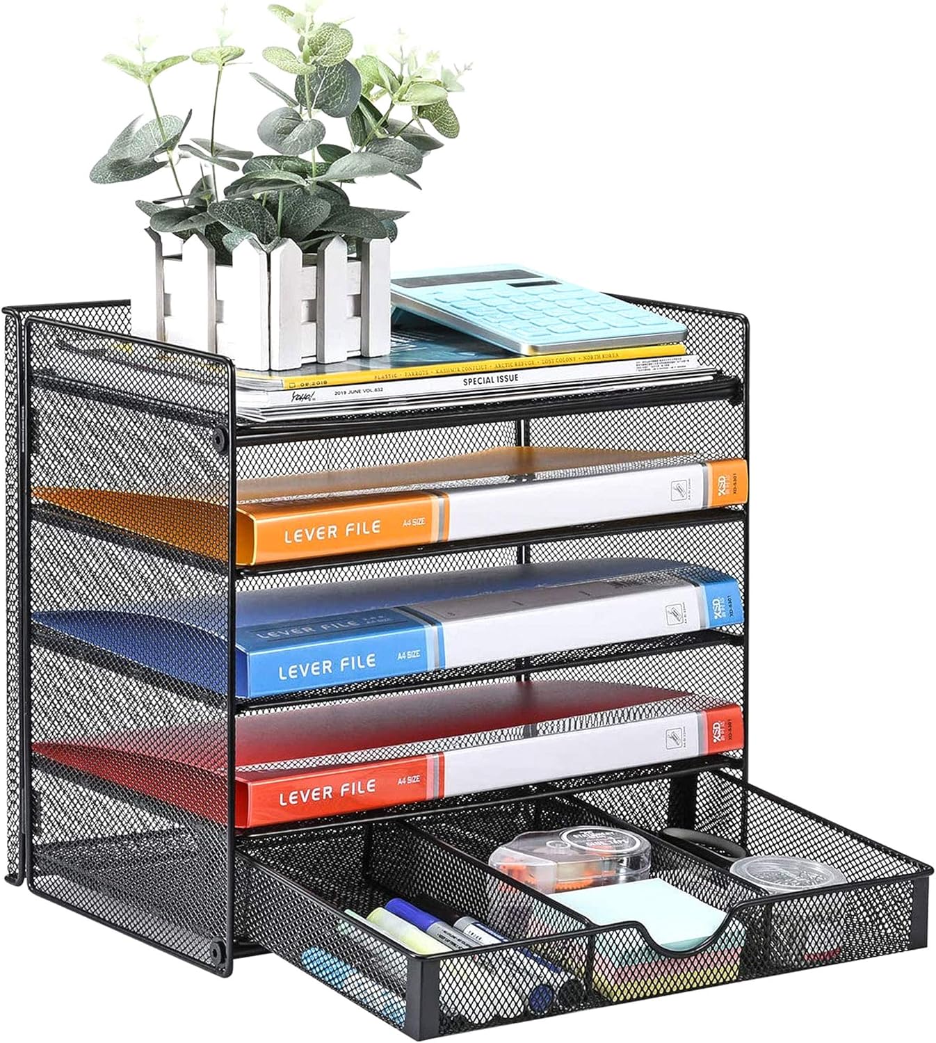 Veesun Paper Letter Tray Organizer, Mesh Desk File Organizer with a Sliding Drawer and 4 Tier Shelf Sorter, Black : Office Products