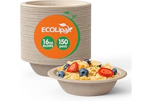 ECOLipak 150 Pack Compostable Paper Bowls, 16 oz Disposable Bowls, Biodegradable Soup Bowls Made of Natural Bagasse,Eco Friendly Sugarcane Bowls for Salad Dessert(Nature)