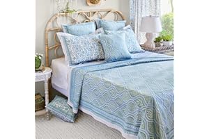 Saffron Marigold King Summer Bedspread - Lightweight 100% Blue Cotton, Hand Block Printed Paisley Bedding Comforter for Your Bedroom Decor Woodland Ferns 108x90 Inches