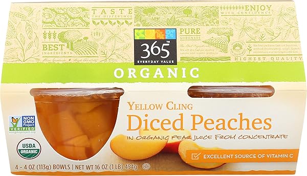 365 EVERYDAY VALUE, ORGANIC YELLOW CLING DICED PEACHES IN ORGANIC PEAR JUICE FROM CONCENTRATE, 4 OUNCE, 4 COUNT
