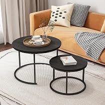 Tables Basses Gigognes BORPHOM Lot De 2 - Blanc + Chêne - Pieds Métal - 70x70cm Et 50x50cm - Empilables