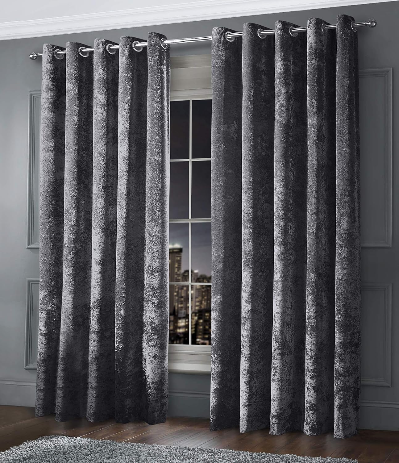 Intimates Thermal Crushed Velvet Charcoal Dark Grey Ringtop Pair of Curtains (66" Wide x 54