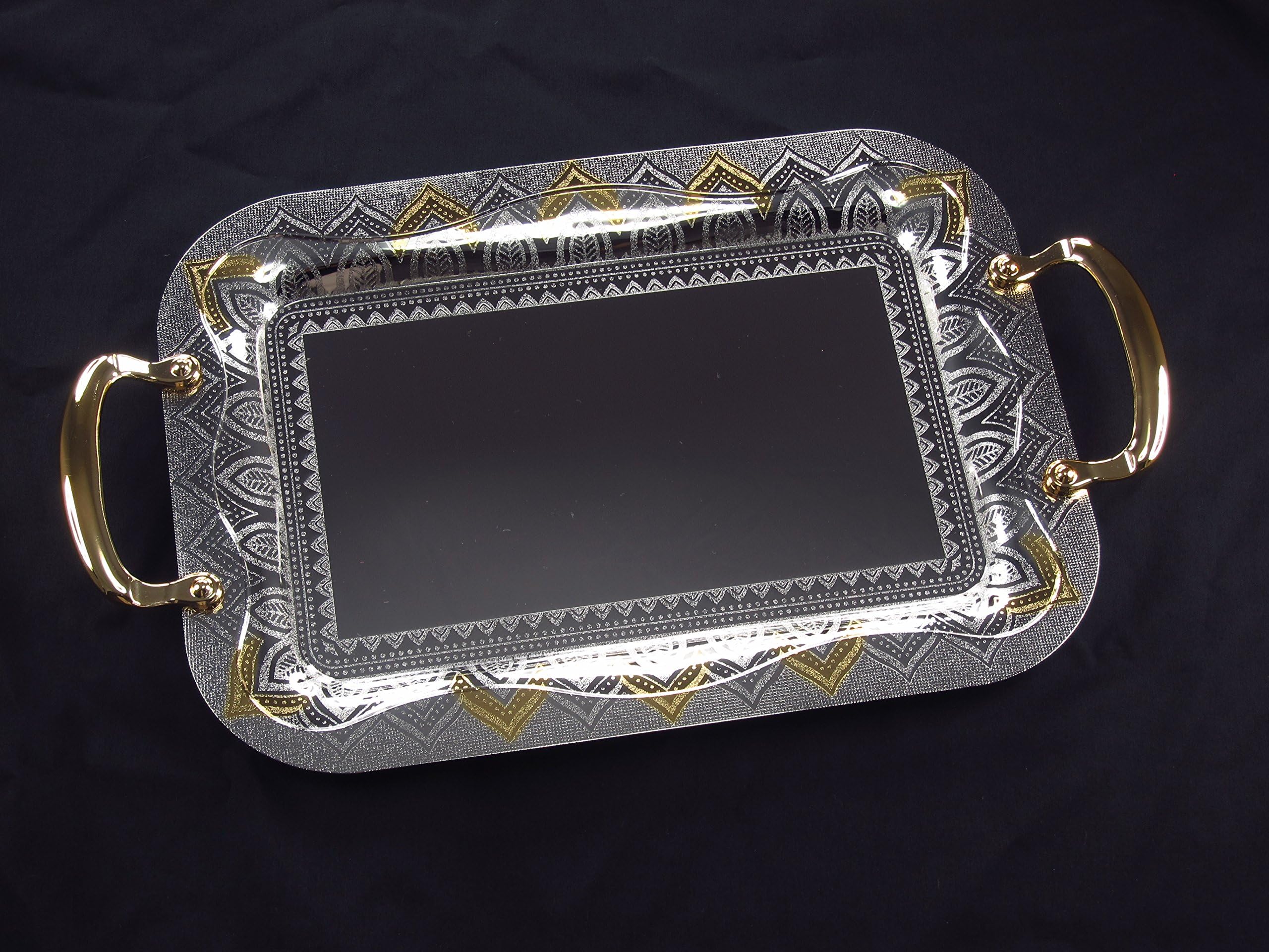 Denizli Serveware JS Silver Art Collection Single Stainless Steel Serving Tray Platter, 24K Gold-plated Handles (SS889-1190)