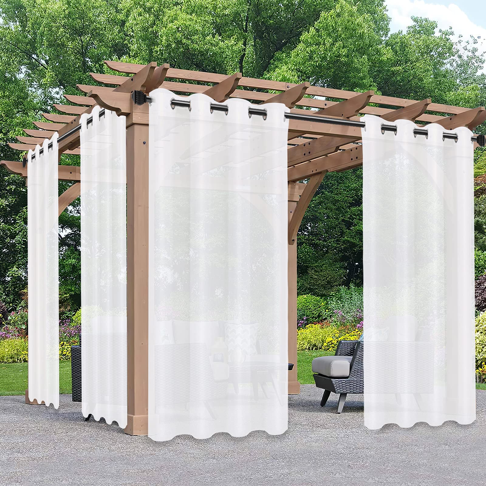Photo 1 of PureFit Sheer Outdoor Curtains for Patio Waterproof/Weatherproof, Fade Resistant Outside Voile Curtains for Gazebo, Front Porch, Pergola, Sun Filtering Privacy Curtain, 54 x 95 inch, Set of 2, White