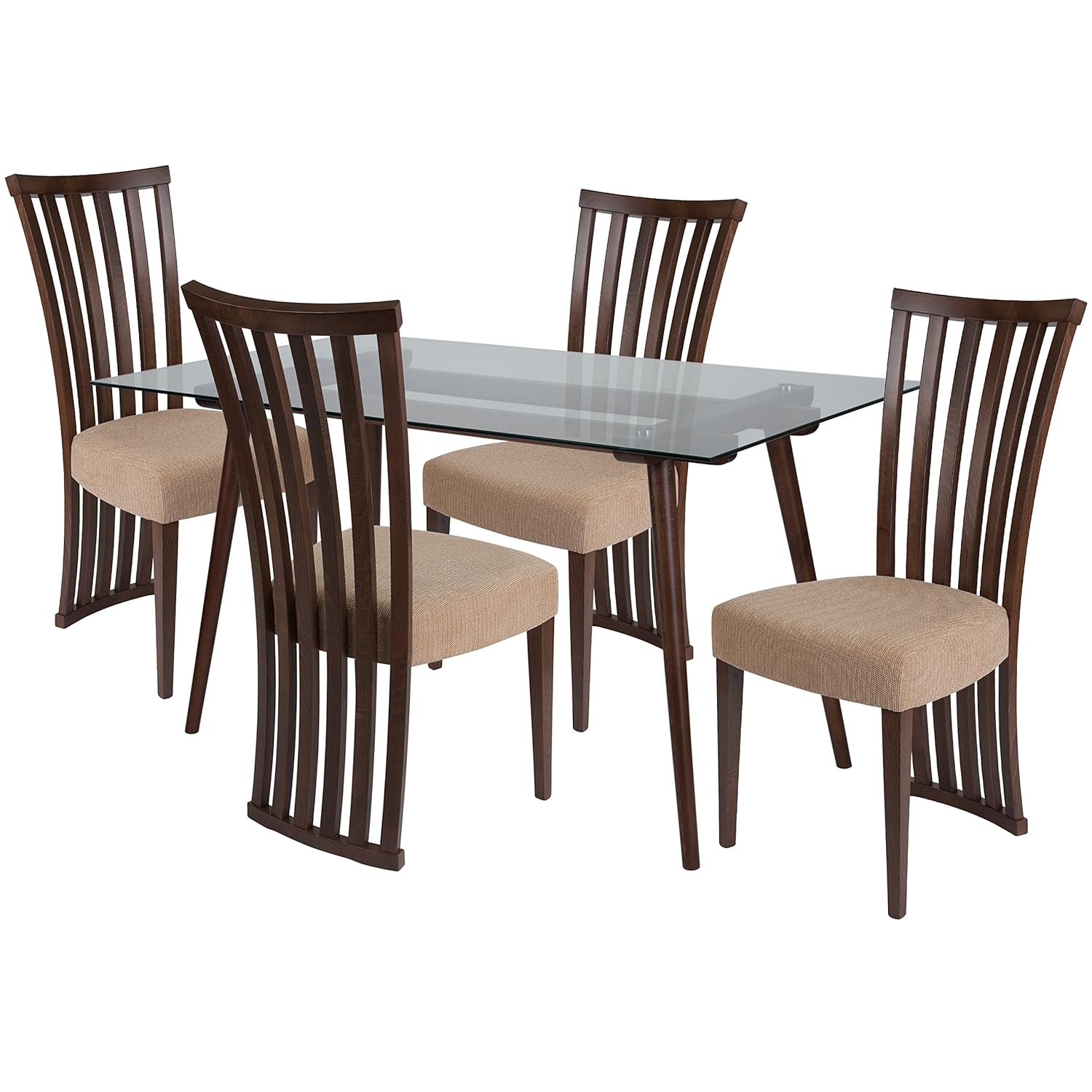 Flash Furniture Lakewood 5 Piece Walnut Wood Dining Table Set with Glass Top and Dramatic Rail Back Design Wood Dining Chairs - Padded Seats Clear/Walnut/Beechwood
