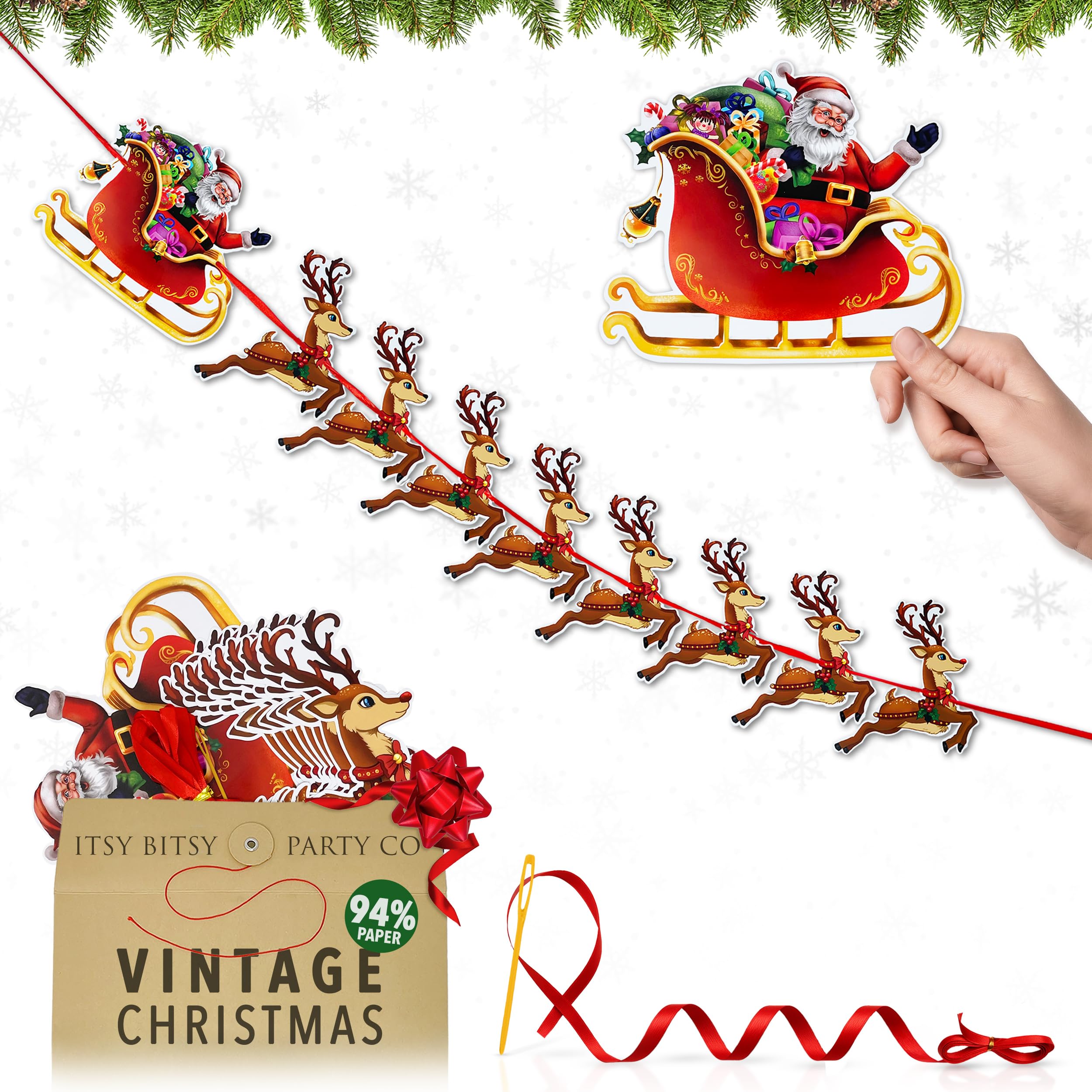 Premium Reusable Christmas Bunting - Santa and Reindeer Christmas Banner, Hanging Xmas Decorations for Indoors, Paper Xmas Wall, Banister, Fireplace, or Window Decor by Itsy Bitsy Party Co