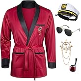 AiMiNa Men Red Silky Robe Jacket Halloween Bunnygirl Cosplay Costume With Captain Hat Glasses Lapel Pin Toy Prop Set