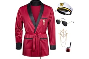 AiMiNa Men Red Silky Robe Jacket Halloween Bunnygirl Cosplay Costume With Captain Hat Glasses Lapel Pin Toy Prop Set