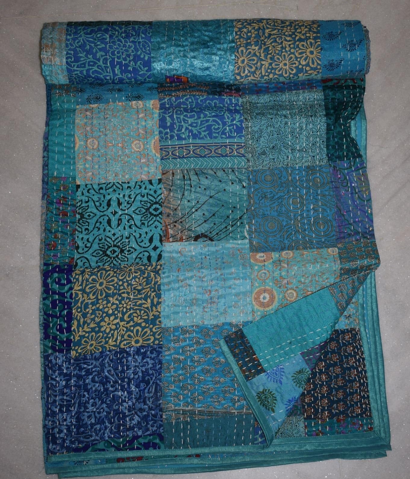 Tribal Asian Textiles Indian Silk Patola Kantha Quilt Vintage Cotton Bedspread Throw Patchwork Gudri