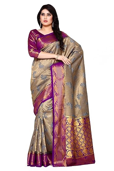 Women's Kanchipuram Art Silk Saree With Unstitched Blouse Piece (4120-2152-2D-GREY-MEJ_Blue)