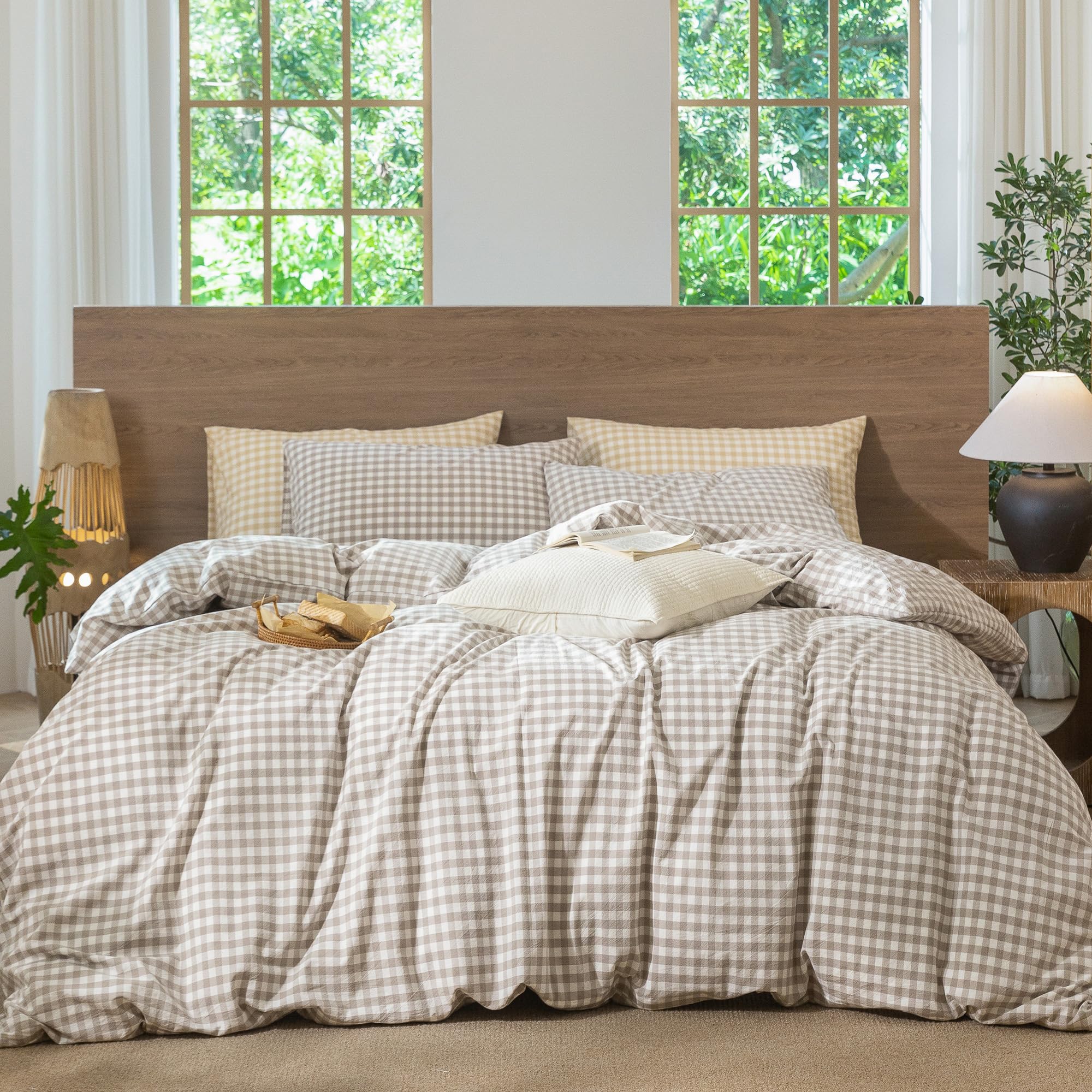 Photo 1 of MooMee Gingham Duvet Cover Set 100% Washed Cotton Linen Like Textured Breathable Durable Soft Comfy Modern Checkered Design (Tannish Linen Grey Gingham, Full 80"x90")