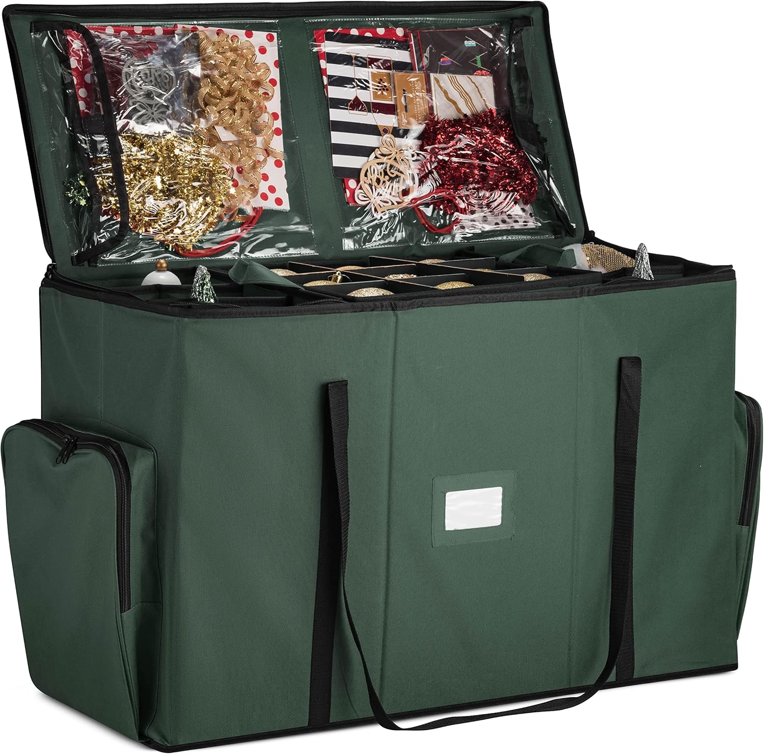 Holiday Décor Storage - Zober Super Rigid 2-in-1 Christmas Ornament Storage Box & Xmas Figurine Container - Easy Access Removable Trays, Keeps 73 Holiday Ornaments - Adjustable Extent Area for Figurines and Pockets for Decoration