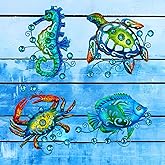 Metal Ocean Beach Theme Wall Decor Art, Set of 4 Sea Turtle Seahorse Crab Tropical Fish Indoor Bathroom Décor, 11 Inch Deep Blue Sea Wall Decoration, Metal Outdoor Valentine Decor Yard Art Valentine Decorations Gift