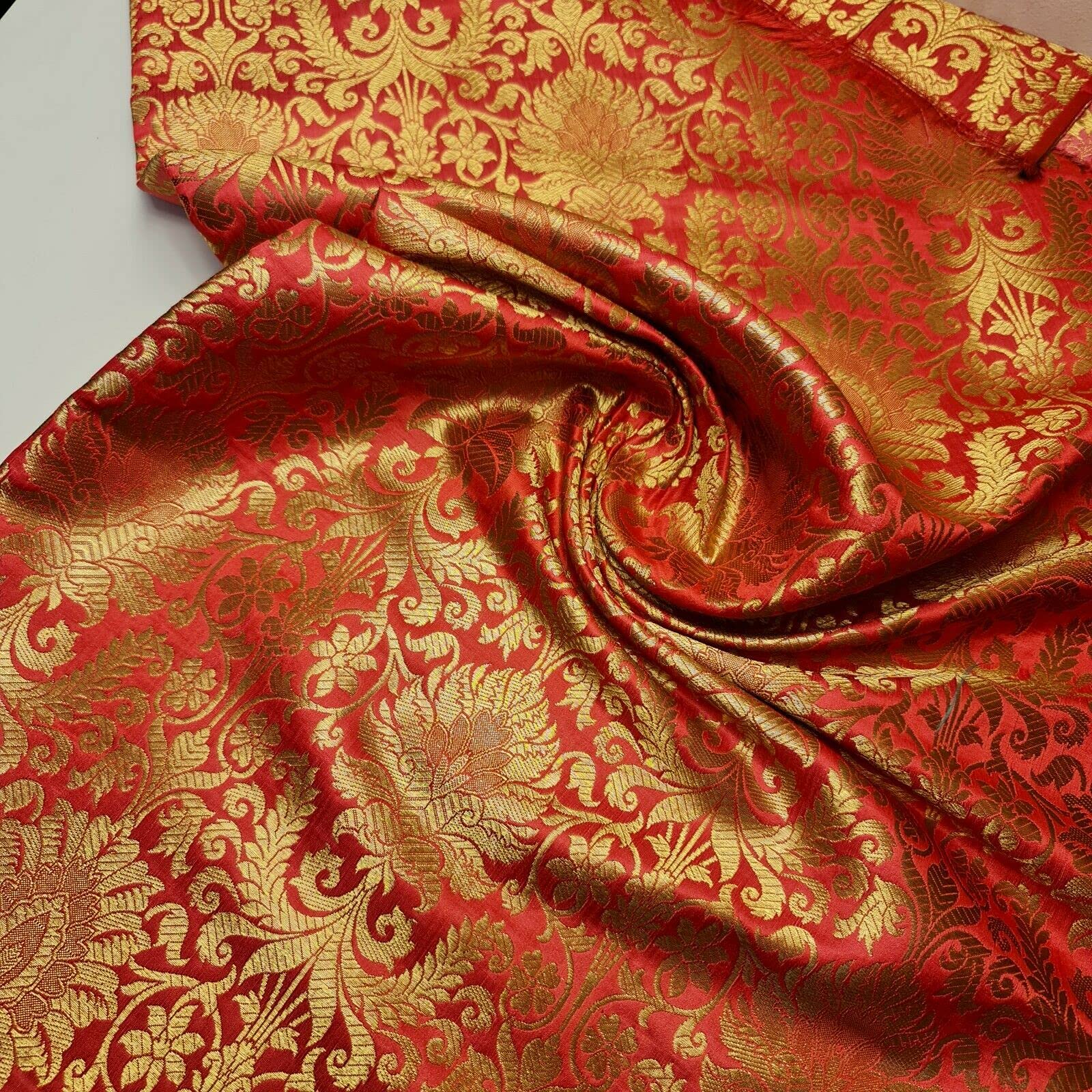 Floral Gold Leaf Damask Metallic Indian Banarasi Brocade Fabric Design 44" (Coral Pink)