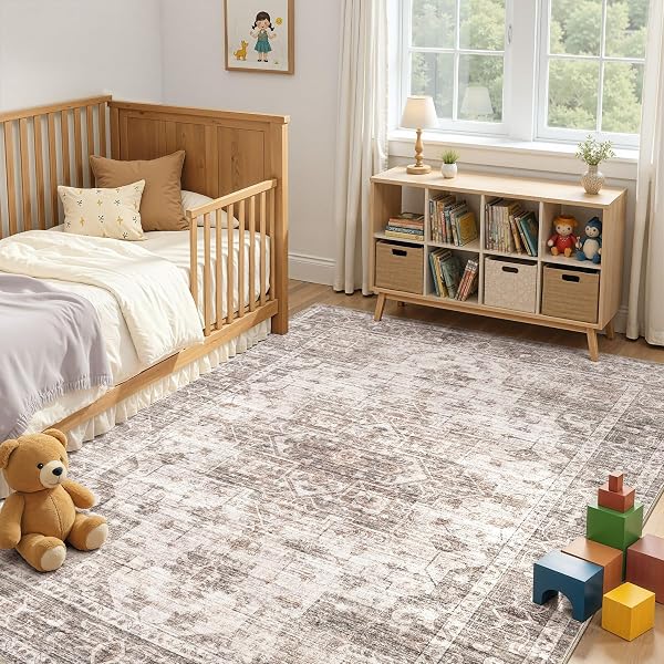 ELLIUNE WASHABLE AREA RUGS 6X9, SOFT LARGE 6X9 RUGS FOR LIVING ROOM NON-SLIP VINTAGE BROWN INDOOR CARPET STAIN RESISTANT RUGS FOR DINING ROOM BEDROOM NURSERY KID & PET FRIENDLY