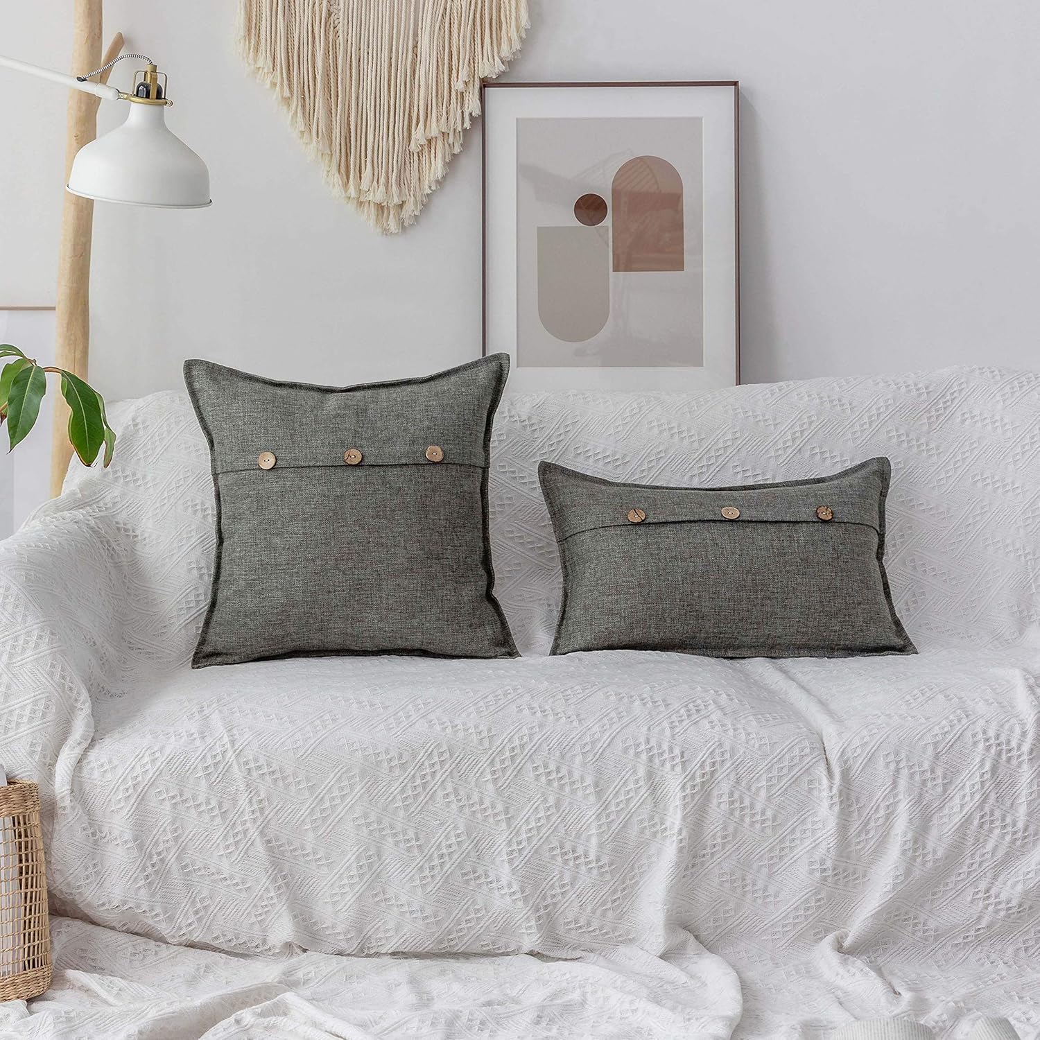 Home Brilliant Linen Gray Burlap Throw Pillow Covers Button Decorative 2 Pcs Cushion Covers for Sofa, 18x18 inch,45x45cm, Dark Grey: Home & Kitchen