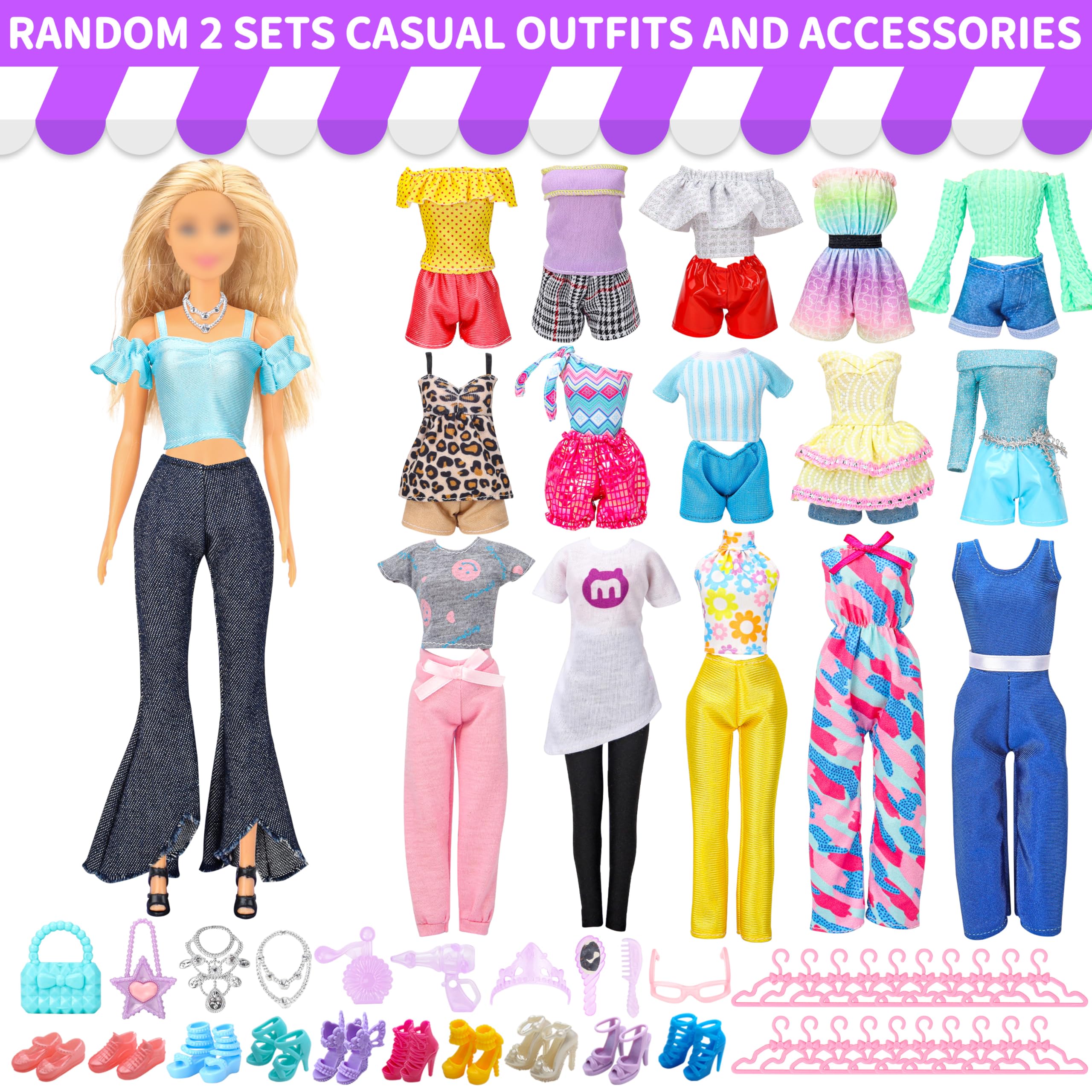 Style Shine 52 Pcs Doll Clothes and Accessories,2 Wedding Gowns 6 Fashion Dresses 2 Set Casual Outfits Top and Pant 2 Swimsuit,20 Hanger 10 Shoe 10 Accessories Toys for Girls Kids Birthday Gift