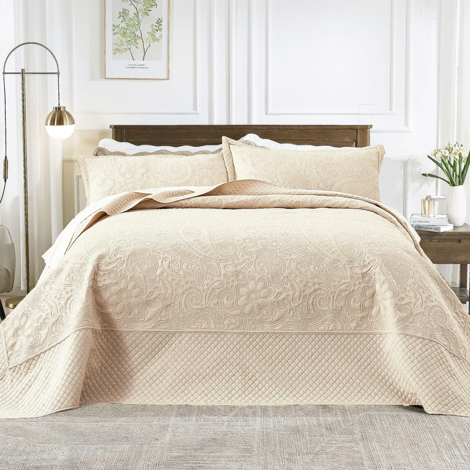 Photo 1 of SUCHBED California King Bedspread Set Oversized King Bedspreads 128x120 inches Cal King Quilt Bedding Set Extra Wide King Quilt Paisley Quilt Beige Coverlet Sets with Shams