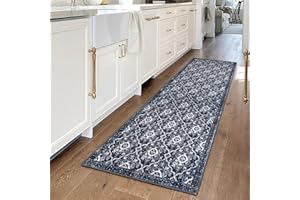 KILOCOCO 2x6 Runner Rug, Moroccan Washable Hallway Entryway Runner Rug, Accent Print Faux Wool Kitchen Runner Rug 6 Feet Non-Slip Rug Runner for Laundry Room Bedroom, Black, Navy Blue/White